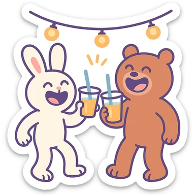 full-body bunny and bear with laughing faces clinking juice cups under string lights, pastel-toon style sticker