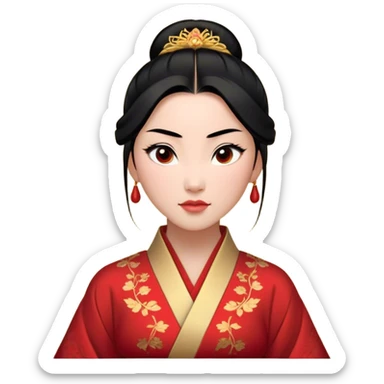 Cinematic Realistic Majestic Mulan Portrait, featuring finely rendered light skin with natural luminescence and expressive, determined eyes. Her black hair is styled with care into an elegant bun, and every fold of her traditional robe—adorned with subtle red motifs and refined gold trim—is depicted with intricate fabric detail. The scene is bathed in soft, natural light that enhances the depth and authenticity of the image, conveying a noble and serene aura that embodies timeless elegance and inner fortitude. sticker