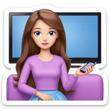 beautiful barbie girl with long brown hair, blue eyes and wearing light purple clothes watching tv shows sticker