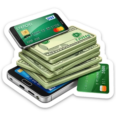 efectivo en dólares, un teléfono y unas tarjetas, todo con un estilo limpio, profesional y que transmita dinero y movimiento. sticker