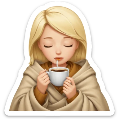 Blonde girl inside a blanket sipping coffee eyes closed sticker