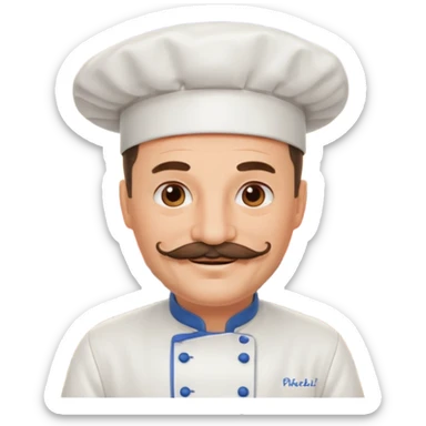 Est-ce que tu peux me faire un chef cuistot qui ressemble à Philippe Etchebest et qui est devant un restaurant? Est-ce que tu peux le faire souriant, avec une moustache de cuistot? 
 sticker