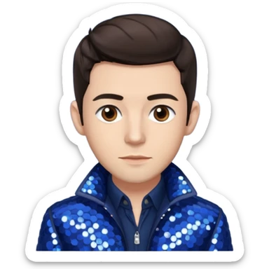 Jonathan Bailey with dark brown hair, brown eye, ivory sequin jacket, navy blue shirt sticker