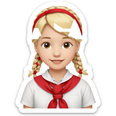 A Soviet pioneer girl emoji — smiling young girl with blonde hair tied into two short braids. She wears a white school shirt and a wide bright red pioneer neckerchief tied in a loose triangular knot at the chest (not a necktie). No suspenders, no jacket, no hat sticker
