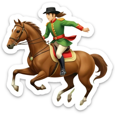 An icon showcasing a blue sky, distant mountains and a vibrant landscape. a majestic horse and rider in full gallop across a lush green field. The rider wears traditional gear, while the horse leaps with grace and power.  sticker