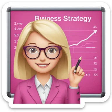 pink board with a girl writing on it and on the board there are graphs and a title "Business Strategy" sticker