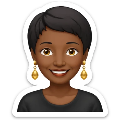 old woman with black short hair and gold earring and black skin sticker