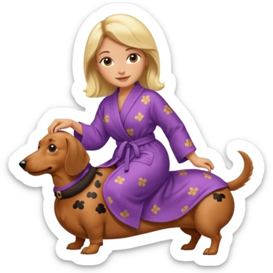 A blonde curvy woman riding on top of a dachshund wearing a robe sticker