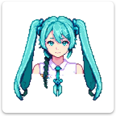 Hatsune Miku with teal twin-tails, anime character in pixel art style sticker