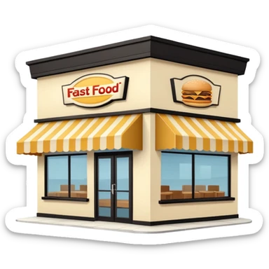 front of fast food building with awning, windows, and a glass door in the center. The building is a creme color with no decorations sticker