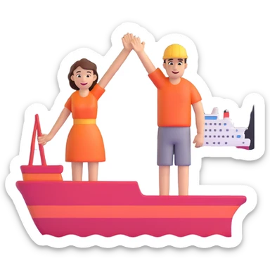 couple in love on a ship waving at the horizon sticker