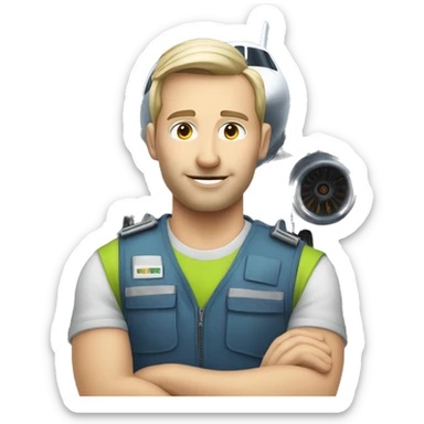 white skin male coordinator with vest on checking aircraft motor sticker