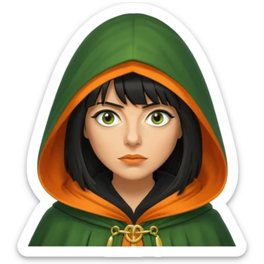 claudia winkleman with a heavy fringe and an orange tan as a traitor with a green hooded cloak with a gold clasp and dark black eyeliner sticker