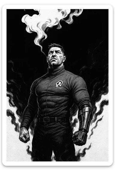 Black and white comic book panel of an extremely muscular Italian man with cybernetic implants standing in the dark, surrounded by smoke. He is wearing a long-sleeved shirt with a high collar, and his chest is sculpted. sticker