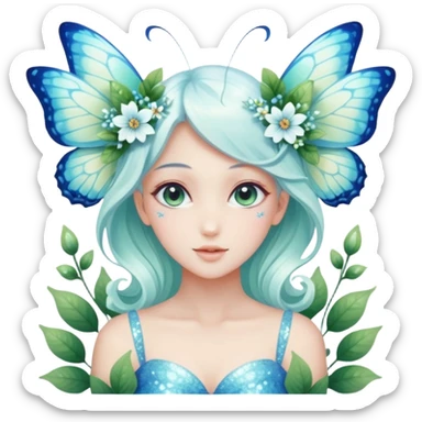 Beautiful pastel white shiny glittery flowery floral natural nature and green and blue fae-butterfly-floral-anime-lady divine gorgeous beautiful with nature background  sticker