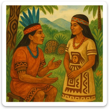 Scene of an indigenous Costa Rican man and woman conversing, with visual elements reflecting the indigenous identity of Costa Rica. sticker