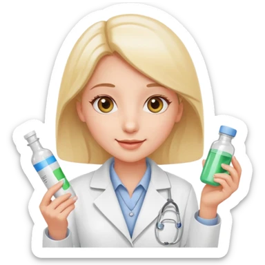 pharmacist girl with white coat holding medicine cheerful sunny eyes sticker