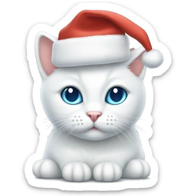 white cat with light blue eyes sitting and having a christmas hat on sticker