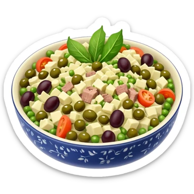 Salată de boeuf: a Romanian festive salad made with finely chopped boiled vegetables, pickles, peas, and beef or chicken, all mixed with mayonnaise and decorated with olives and pickles. sticker