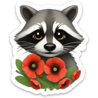 raccoon with poppies sticker