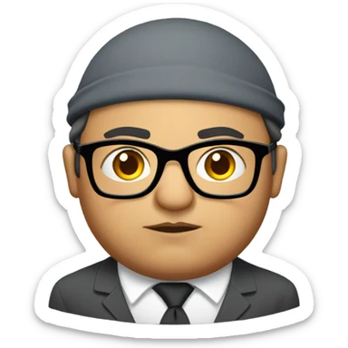 Grumpy fat indian teacher with glasses, and wearing gray beret and small eyes sticker