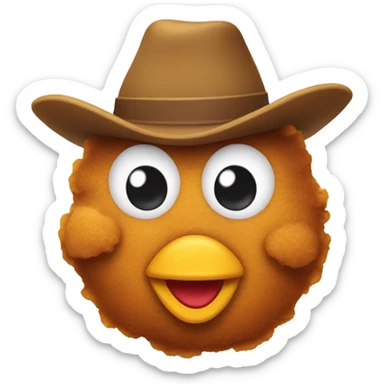A chicken nugget with a face and a cow boy hat sticker