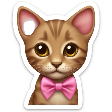 Little brown kitten with a pink ribbon around its neck, with big brown eyes and pink toungue sticker