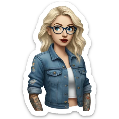 Hyper Realistic pale beautiful tattooed woman with glasses and blue eyes wearing denim jacket sticker