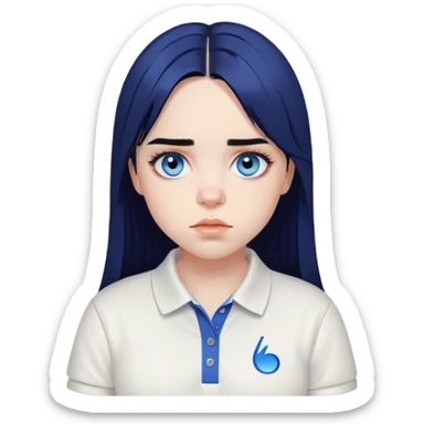 billie eilish long black hair blue eyes dark eyeliner makeup, wearing white polo shirt sticker