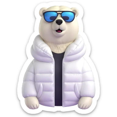 polar bear wearing a white puffer jacket and sunglasses sticker