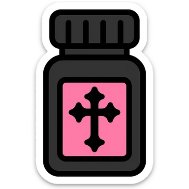 BLACKPINK-inspired gothic pill bottle, no hearts, bold and stylish, black and pink colors, minimal icon style sticker