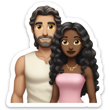 A handsome pale Greek god man who has long brown hair and tanned skin with a pretty black woman who has long black hair and she is wearing a pink dress and they are a couple sticker