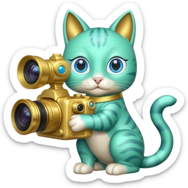 A green cat with blue eyes holds a camera and a gold horse statue  sticker