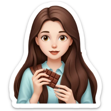 beautiful pale brunette girl with long hair enjoying a bar of chocolate  sticker