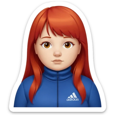 Crie um emoji de uma menina gordinha com o cabelo vermelho longo com uma franja reta casaco de gola alta da adidas sticker