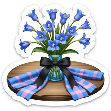 A lush bouquet of bright blue color bluebell black satin ribbon, resting on an antique wooden table, with a pale yellow and pink plaid pattern table cloth sticker