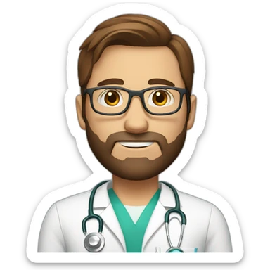 white doctor with short brown hair, big forehead, glasses and beard sticker
