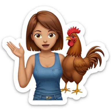 Kneeling Brown hair very large boob Woman open mouth tank top, wearing jeans touching one rooster sticker
