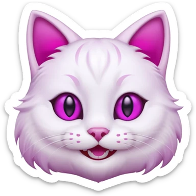 White cat smiling with teeth showing, pink inner ears, magenta purple eyes, looks like discord's Smiling Cat emoji sticker