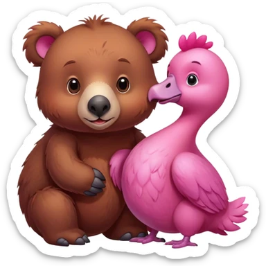 A cute brown bear and a realistic cute pink dodo closely together sticker