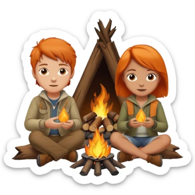 A boy with brown hair and a orange haired girl sitting at a campfire sticker