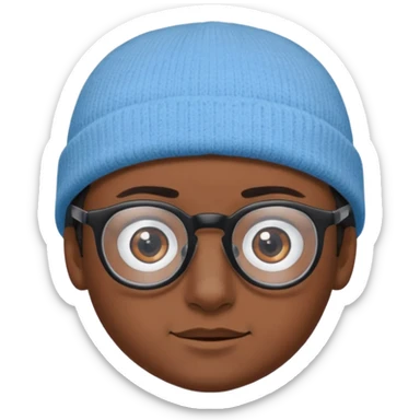 A boy or man emoji with medium-dark skin, wearing a light blue beanie and black-framed glasses, with brown eyes, dark eyebrows, a small nose, and a subtle smile on a clean-shaven face. sticker