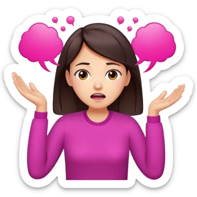 Social media manager. She has dark brown hair, brown eyes,stressed expression, exhaling deeply, hands slightly raised showing frustration. Use vibrant colors with a focus on pink and fuchsia tone sticker