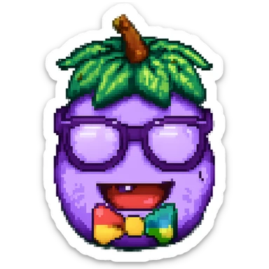 Add a colorful bow tie to the eggplant with nerdy glasses and goofy teeth, keep the background transparent. Maintain the original style and transparent background. sticker