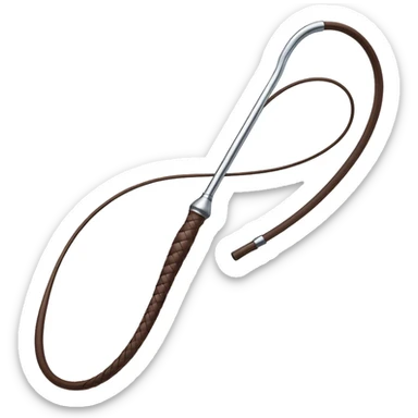 A whip mid-strike, curving dynamically through the air with motion lines to emphasize movement. The handle is detailed yet simple, with a leather-wrapped grip and a slightly glossy finish. The whip itself is long, flexible, and tapering, with a smooth, dark texture and subtle shading. sticker