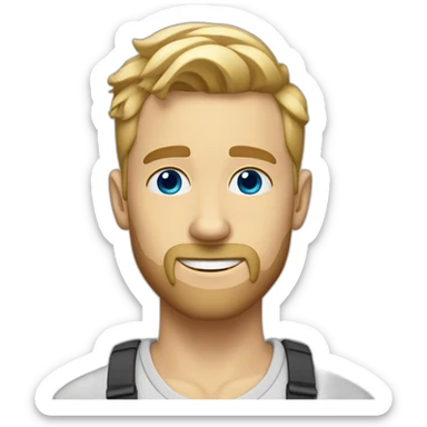 blonde guy with a taper fade, short beard, blue eyes and a big nose sticker
