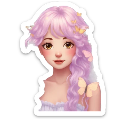 gorgeous anime pastel lady with butterflies and beautiful hair fairycore cottagecore sticker