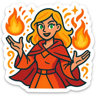 blonde woman with green eyes holding fireballs in her hands, surrounded by magical effects, vibrant toon style sticker
