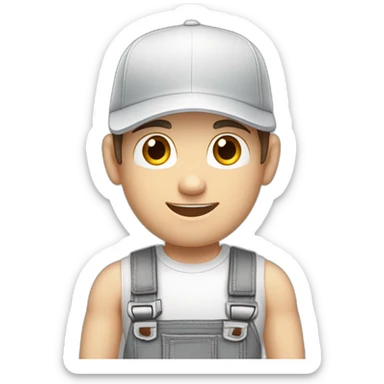 Pale skinned fit Man with dark brown hair in a white cap, gray jeans and gray polo T-shirt keeping a pasted with tape box into his hands sticker