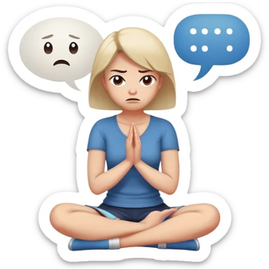 angry woman sitting cross-legged on floor with arms firmly crossed, face turned away, furrowed eyebrows and frowning expression, speech bubble ignored or crossed out nearby, back partially turned to conversation sticker